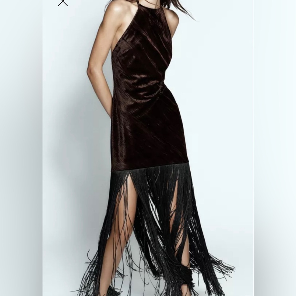 ZARA VELVET FRINGE MIDI DRESS NWT SIZE S